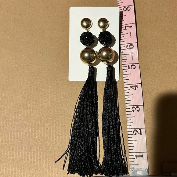Tassel Statement Earrings Black Gold Duster Fashion Jewelry 7" Drop Fashion - Picture 5 of 5